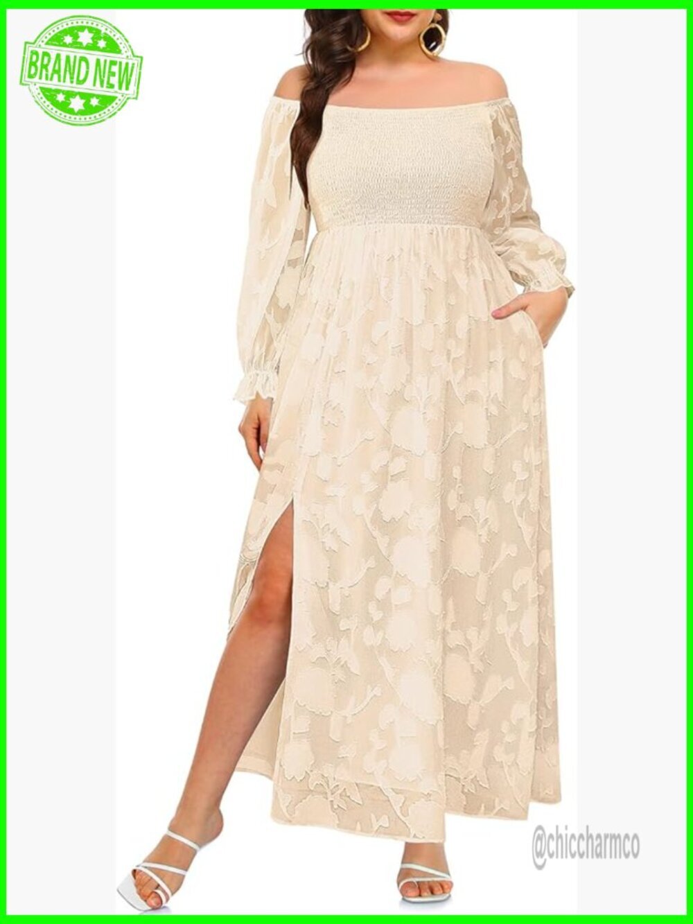 Plus Size Boho Off Shoulder Maxi Dress with Pockets Long Sleeve Casual